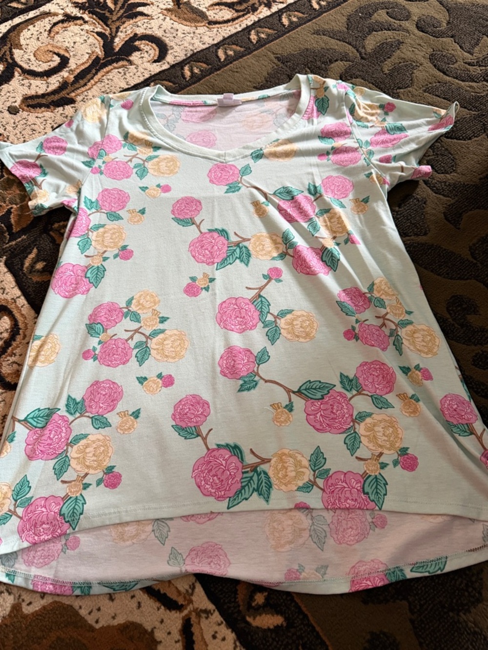 LuLaRoe Mint Tee with Pink & Yellow Floral Print